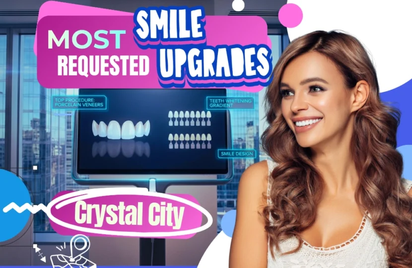 A sophisticated digital display showing 3D porcelain veneer models and whitening gradients