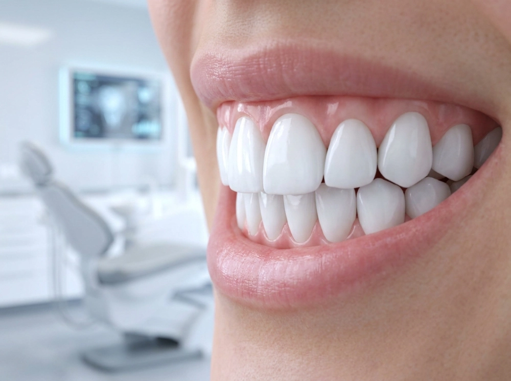 Teeth Whitening A close-up of a flawless human smile showcasing the results of professional whitening