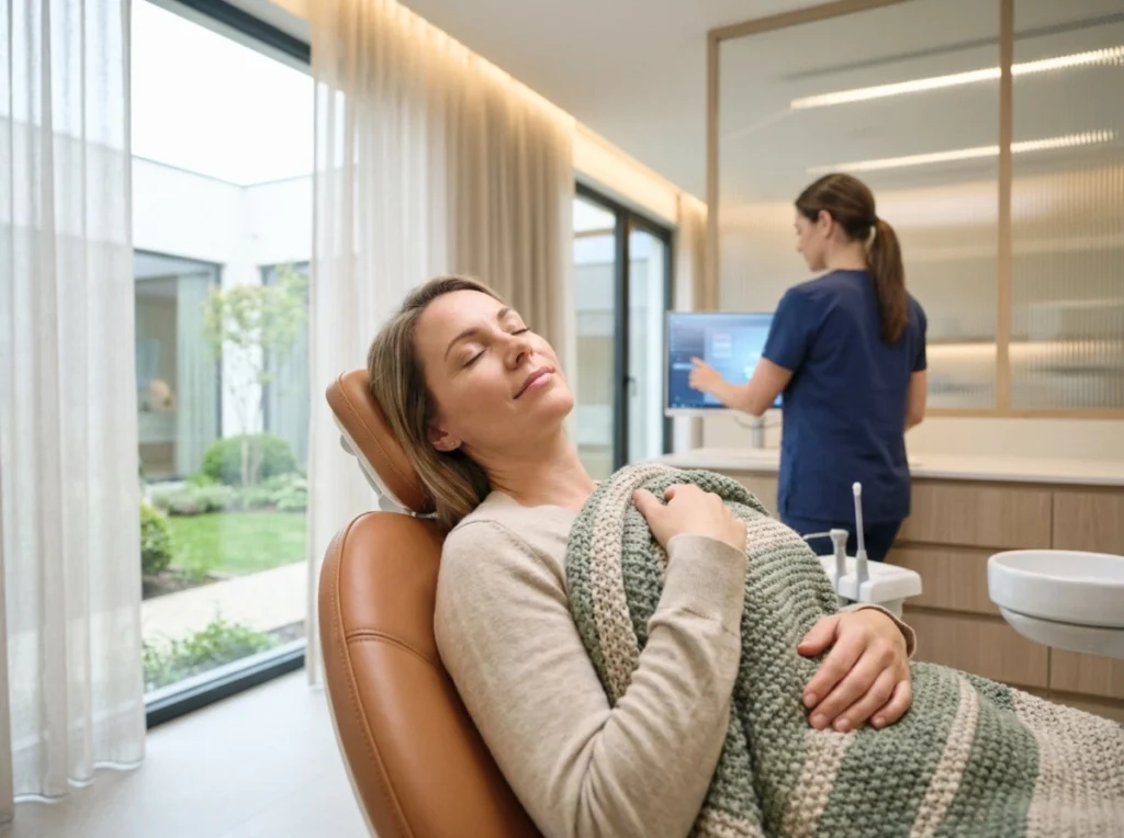 A female patient in a modern dental chair with a look of profound relaxation.