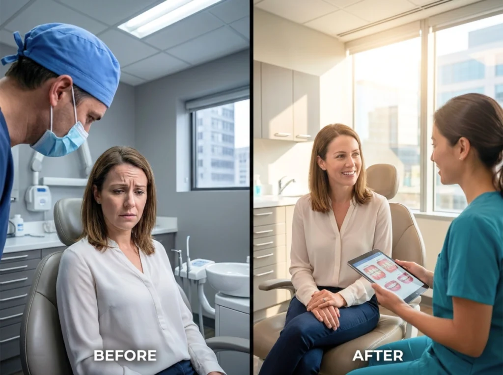 Patient looking confused vs. the same patient engaged in a warm conversation.