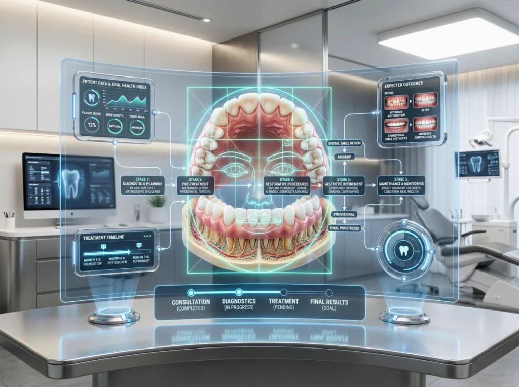 A dense data-rich infographic displaying a 3D customized dental roadmap.