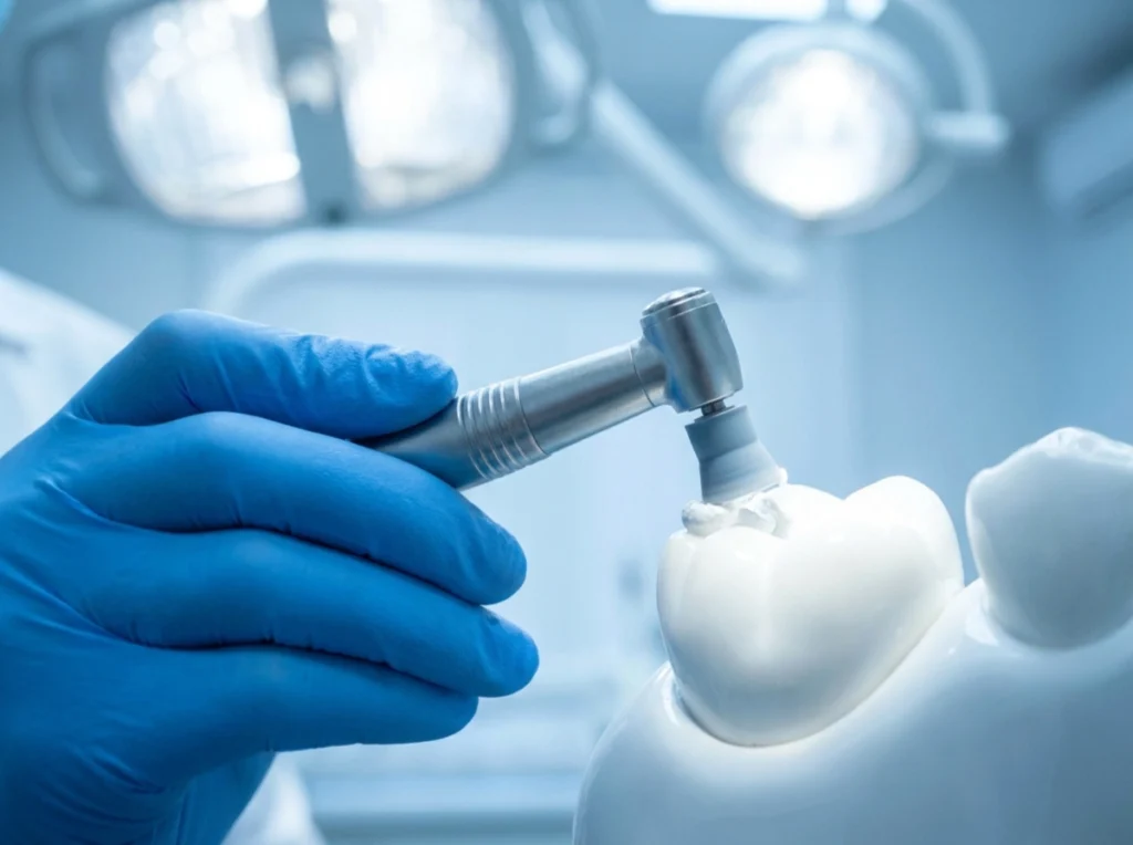 Close-up of a dental hygienist's hand using a polishing tool on a bright tooth.