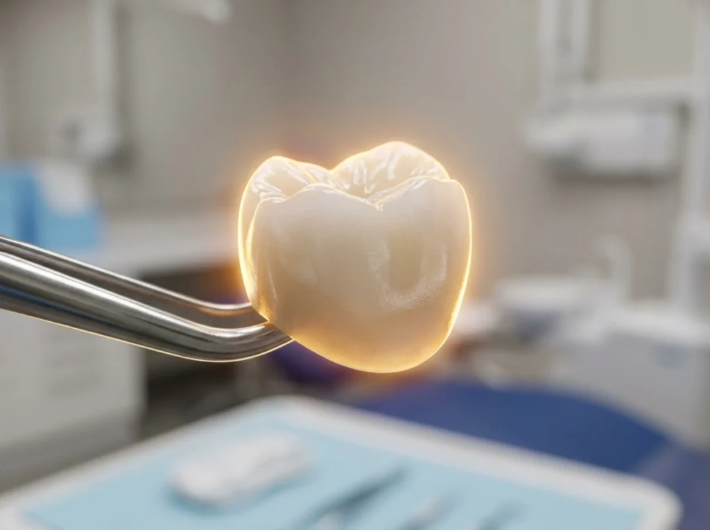A single high-precision zirconia dental crown held by a polished metal dental tool.