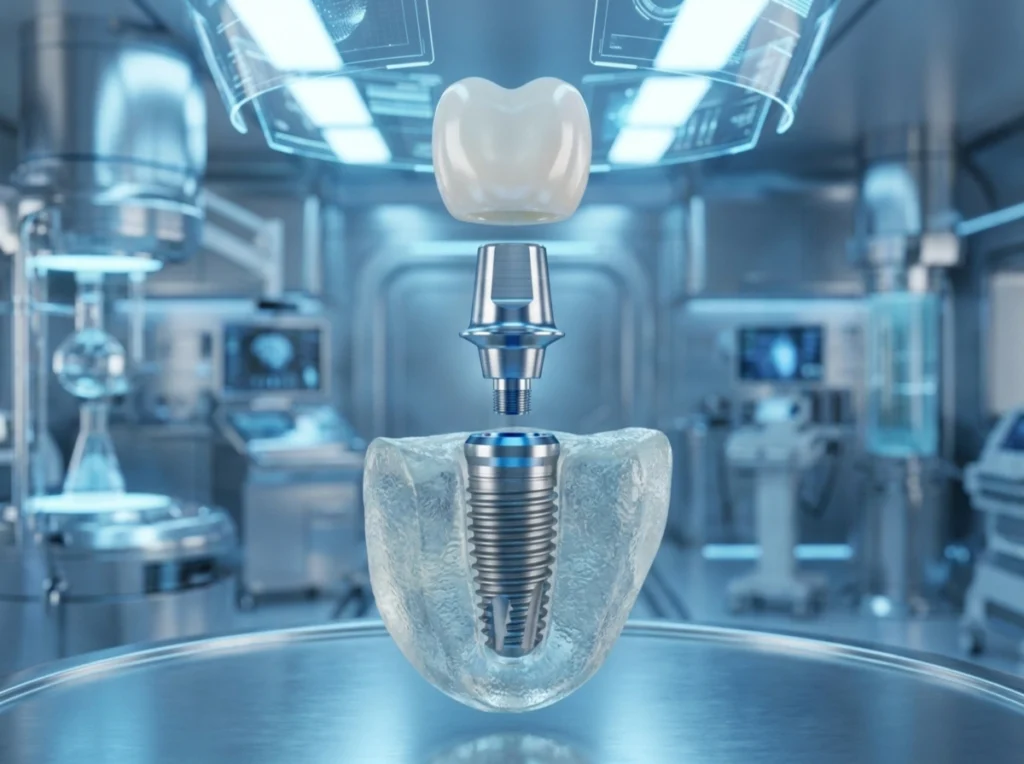 An exploded 3D view of a dental implant, abutment, and crown.