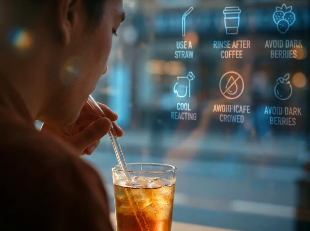 A person using a glass straw to drink an iced beverage.