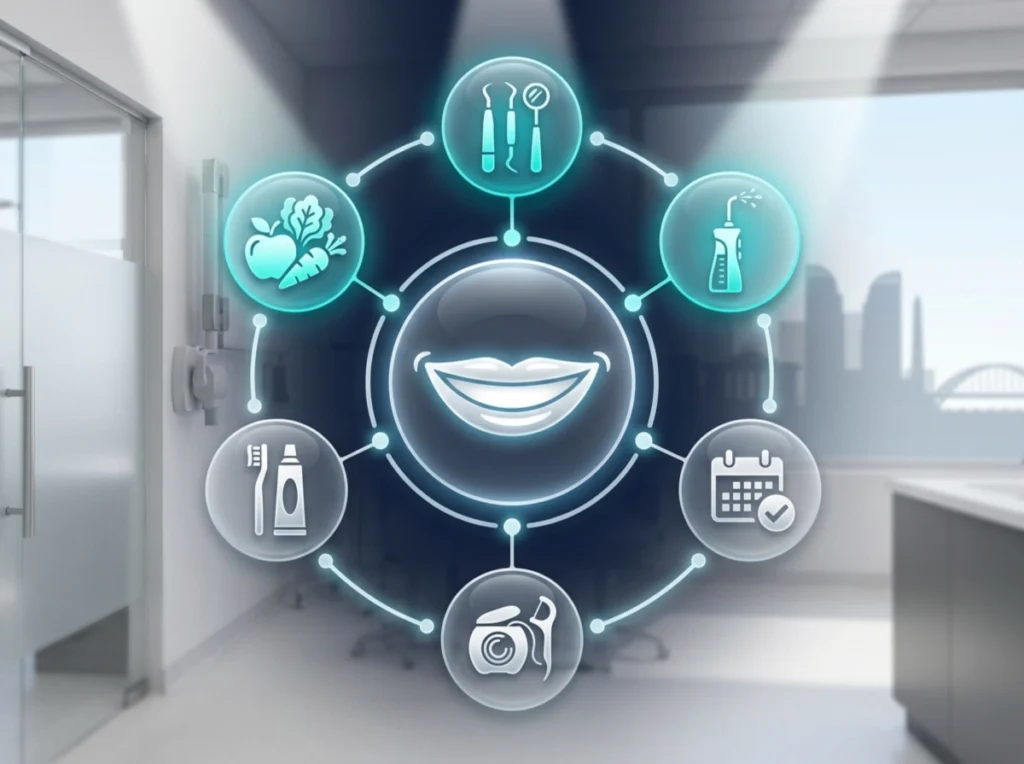 A central human smile icon surrounded by a ring of glowing nodes representing longevity tips.