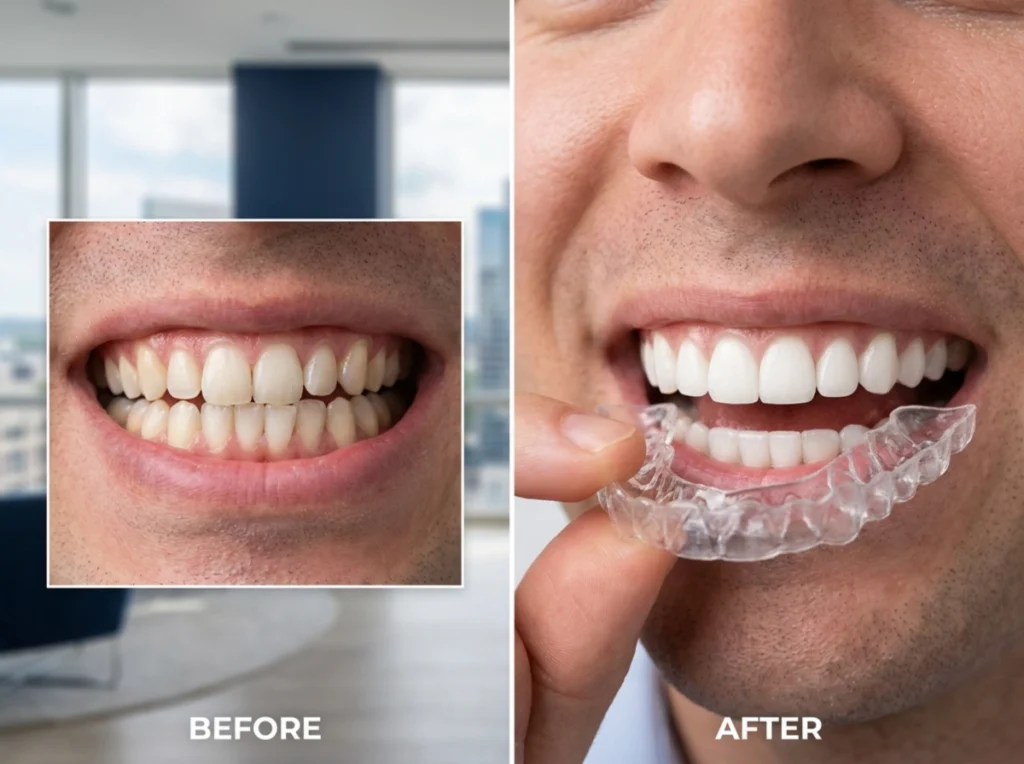 A side-by-side comparison of a mid-30s professional's smile reflecting the clear aligner's impact.
