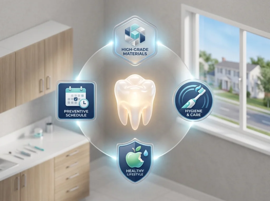 An infographic showcasing a dental crown surrounded by four icons representing factors for Smile Longevity.