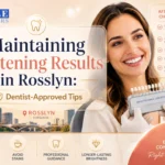 Maintaining whitening results featuring a smiling patient, shade guide, and warm dental care design.