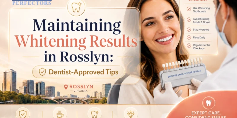 Maintaining whitening results featuring a smiling patient, shade guide, and warm dental care design.