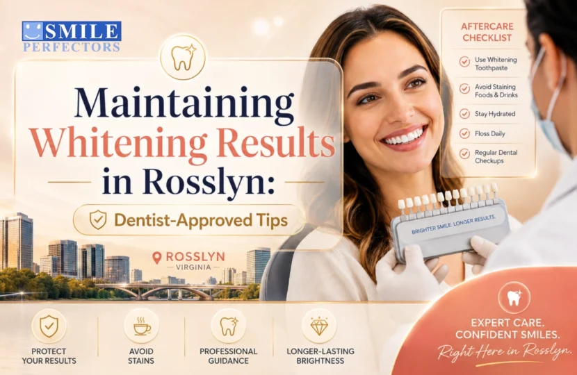 Maintaining whitening results featuring a smiling patient, shade guide, and warm dental care design.