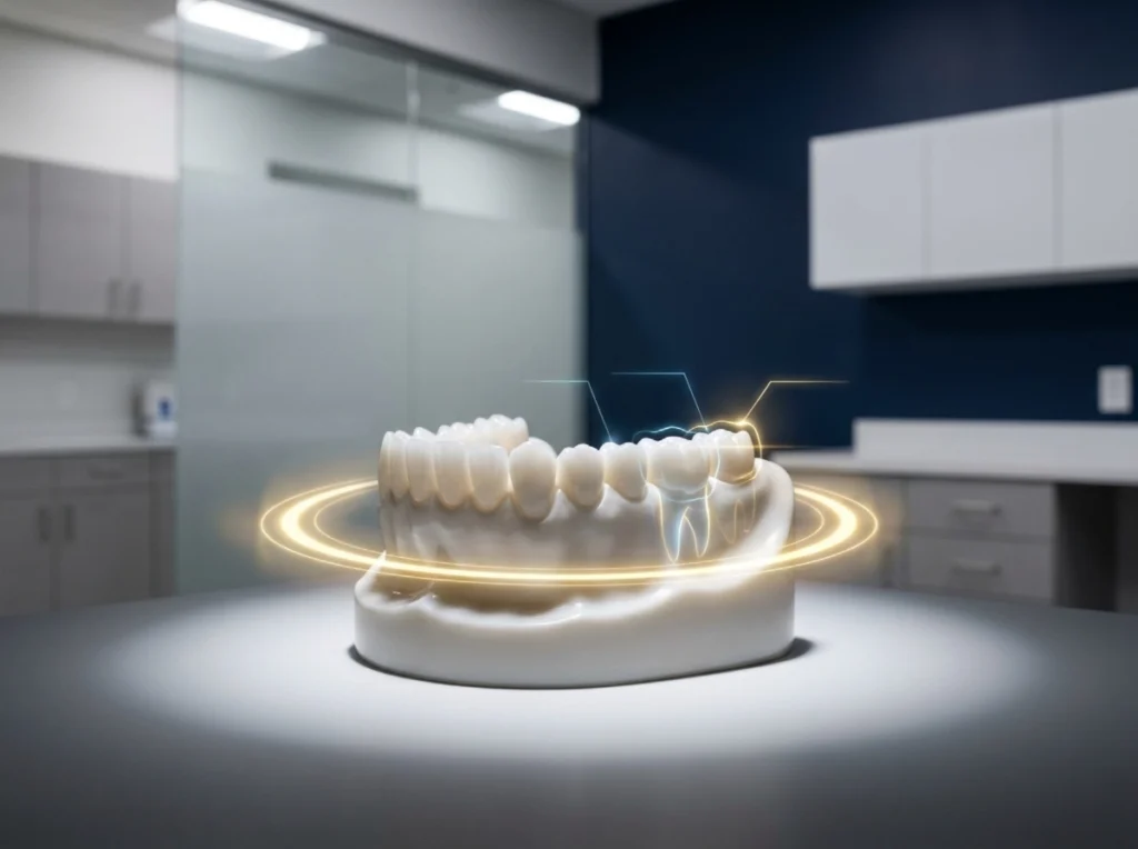 An illustrated dental model with three symbolic neon lines representing dental longevity.