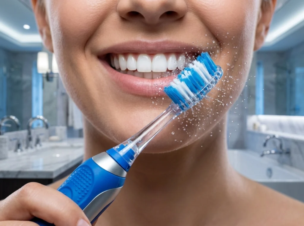 An advanced electric toothbrush in mid-vibration with fine water droplets and a woman with aligned and white teeth smiling.