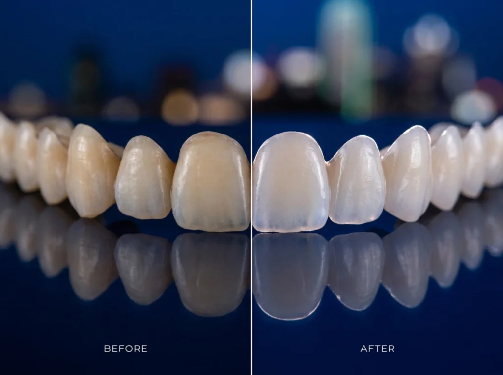 A row of ultra-thin, translucent porcelain veneers.
