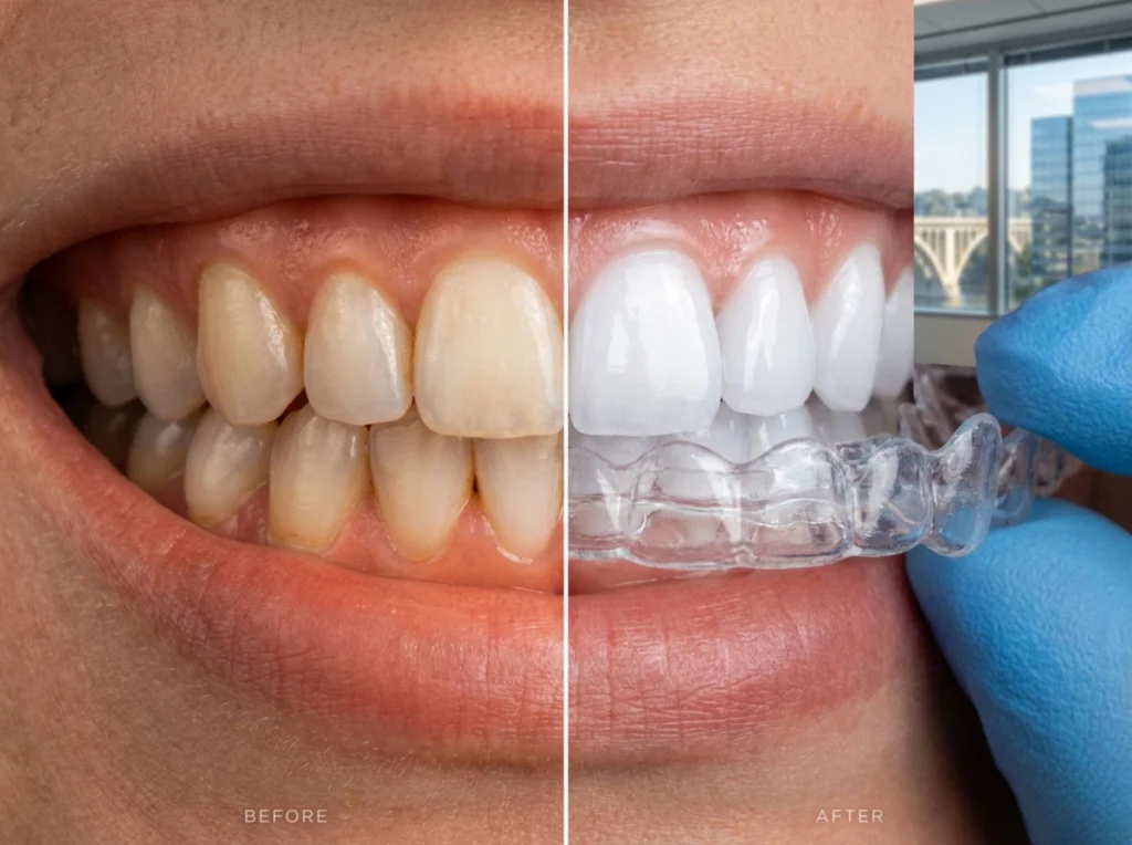 A vertical split-screen comparison of the Invisalign before and after.