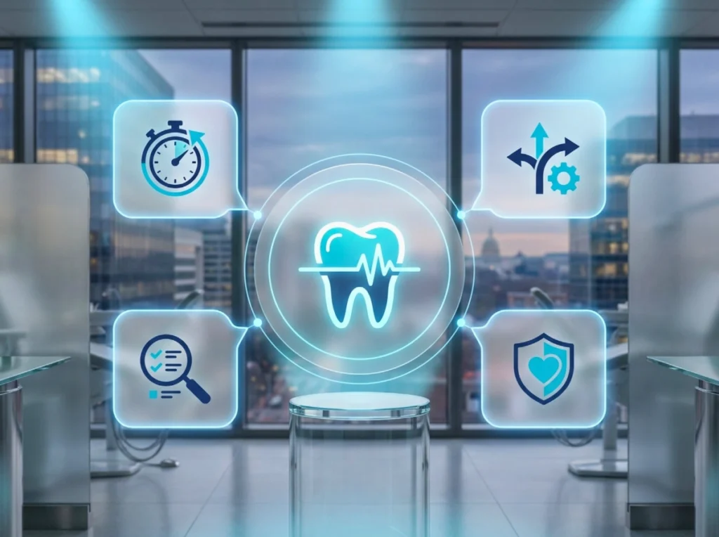 A central glowing icon of a modern tooth, surrounded by floating bubbles representing time-efficiency and customized pathways.