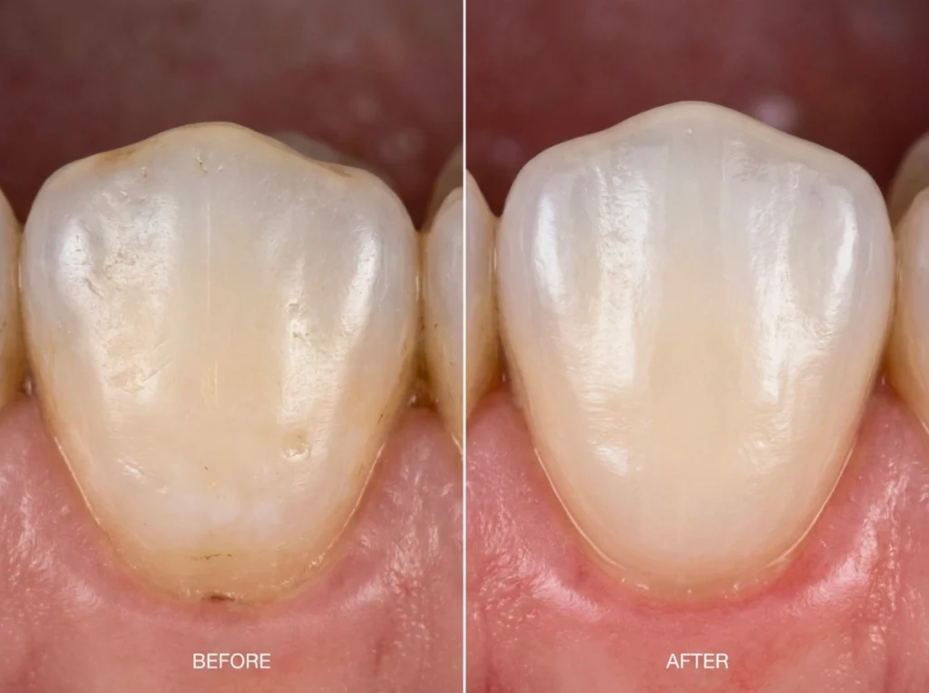 Side-by-side macro view of a tooth surface showing realistic enamel texture and translucency.