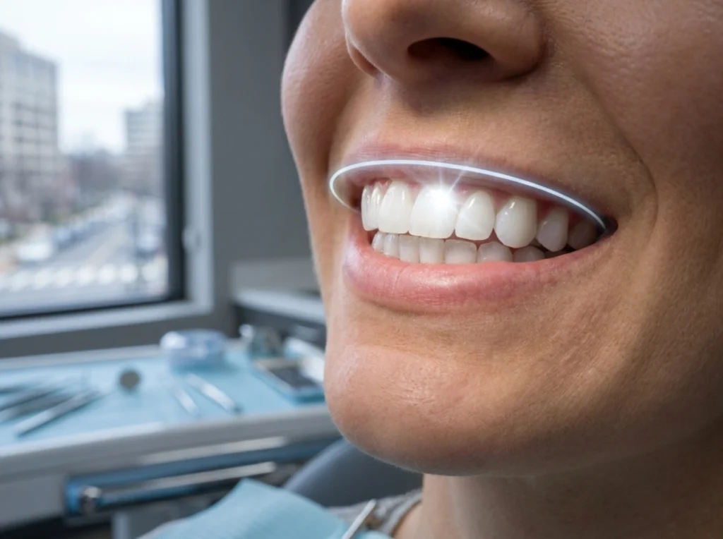A close-up view of a perfectly aligned, radiant smile with ultra-white teeth.