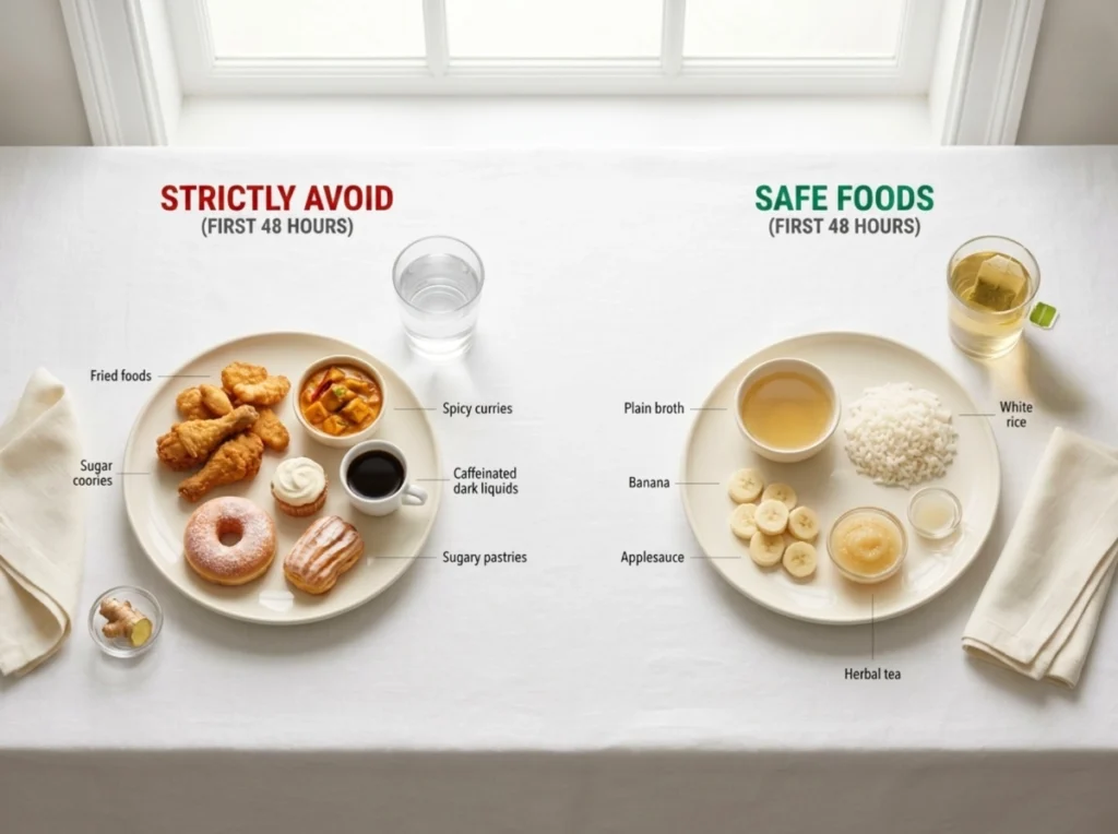 An infographic showing safe foods vs. strictly avoids for the first 48 hours after whitening.