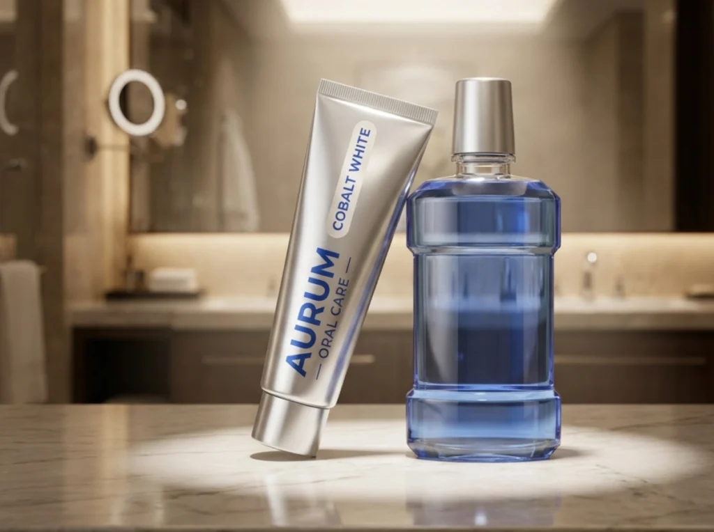 A premium whitening toothpaste tube and a bottle of mouthwash.