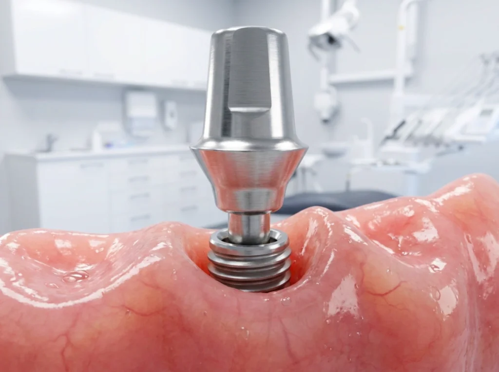 Abutment-Placement A hyper-realistic 3D illustration of a titanium abutment being precision-fitted into a dental implant screw.