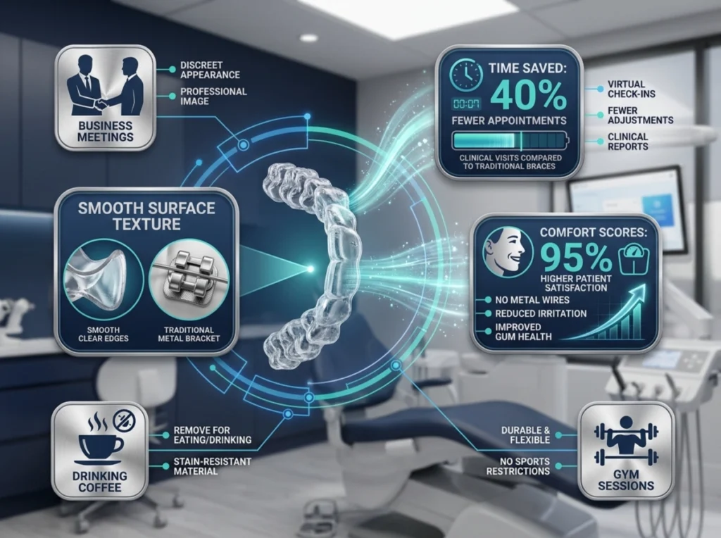 Infographic comparing clear aligners and traditional braces with metrics, highlighting clear aligner comfort.