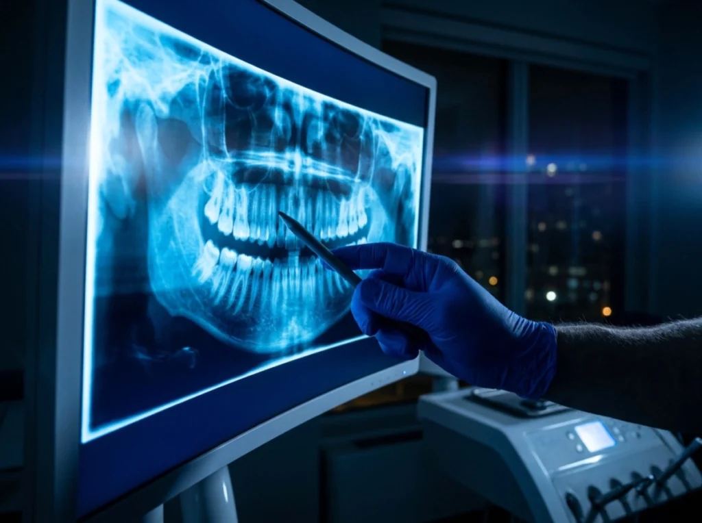 Candidate A modern 3D panoramic X-ray or CT scan displayed on a high-tech monitor.
