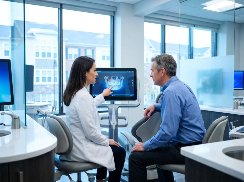 Consultation A professional female dental specialist showing a 3D digital jaw scan to an middle-aged patient during a consultation.