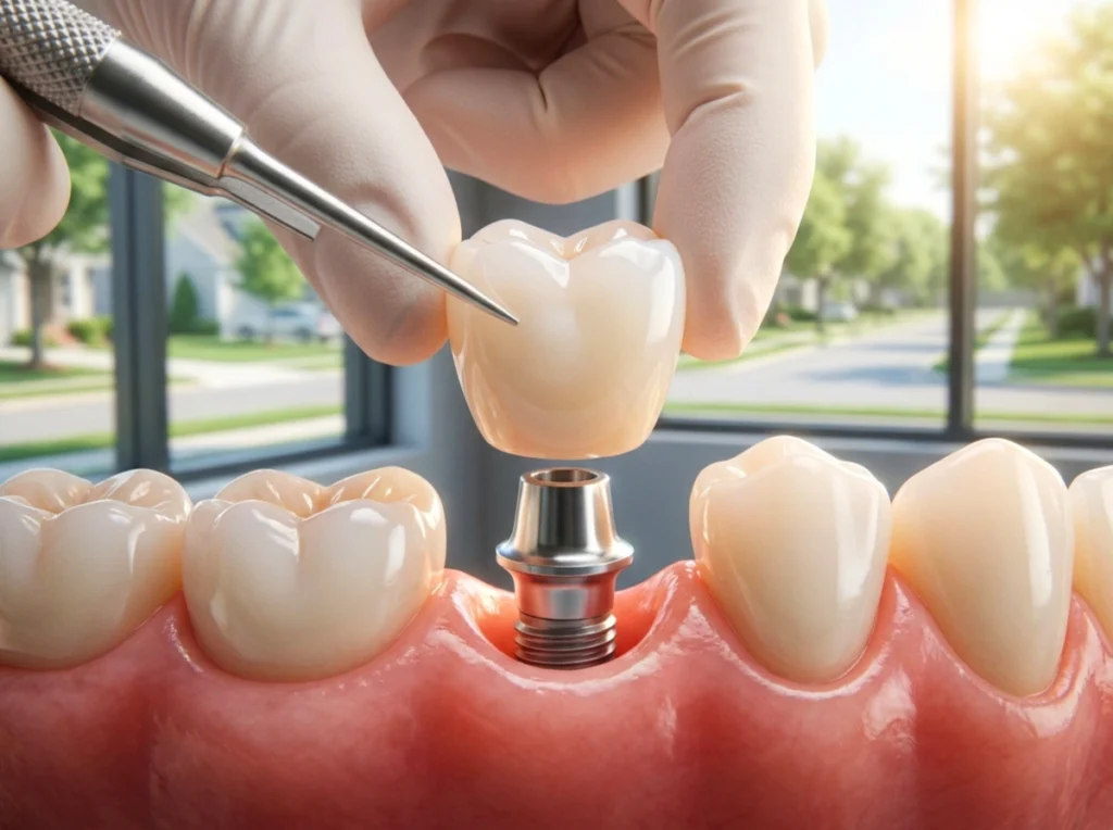 Crown-Attachment A high-end zirconia dental crown being meticulously placed onto a titanium implant abutment.