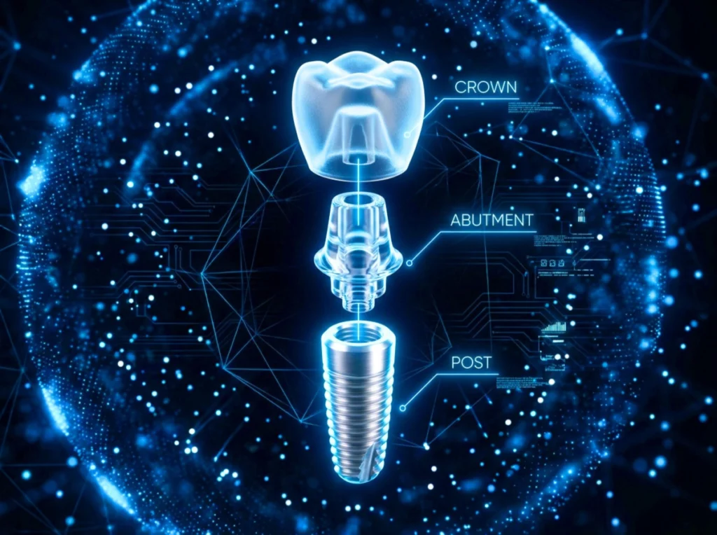 DentalImplants An exploded-view diagram showing the three layers: post, abutment, and crown.