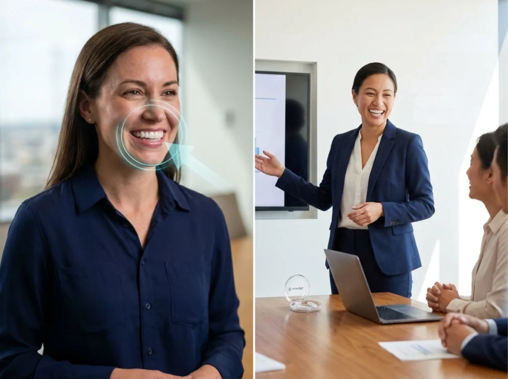 A professional in a modern workplace environment, confidently participating in a meeting or presentation.