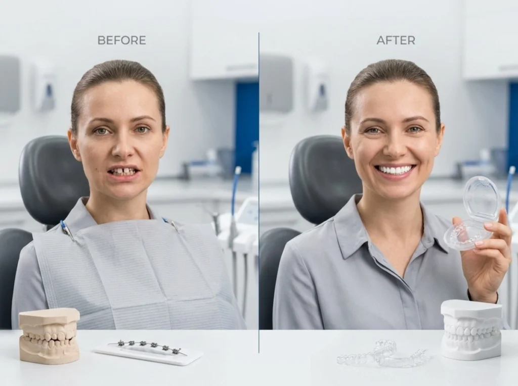Side-by-side comparison of a woman's smile before and after clear aligner treatment.