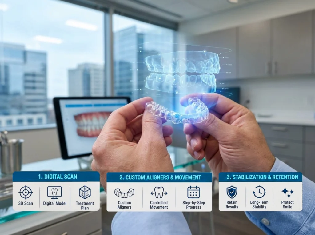 A professional holding a clear Invisalign aligner, enhanced with a subtle 3D digital smile planning overlay.