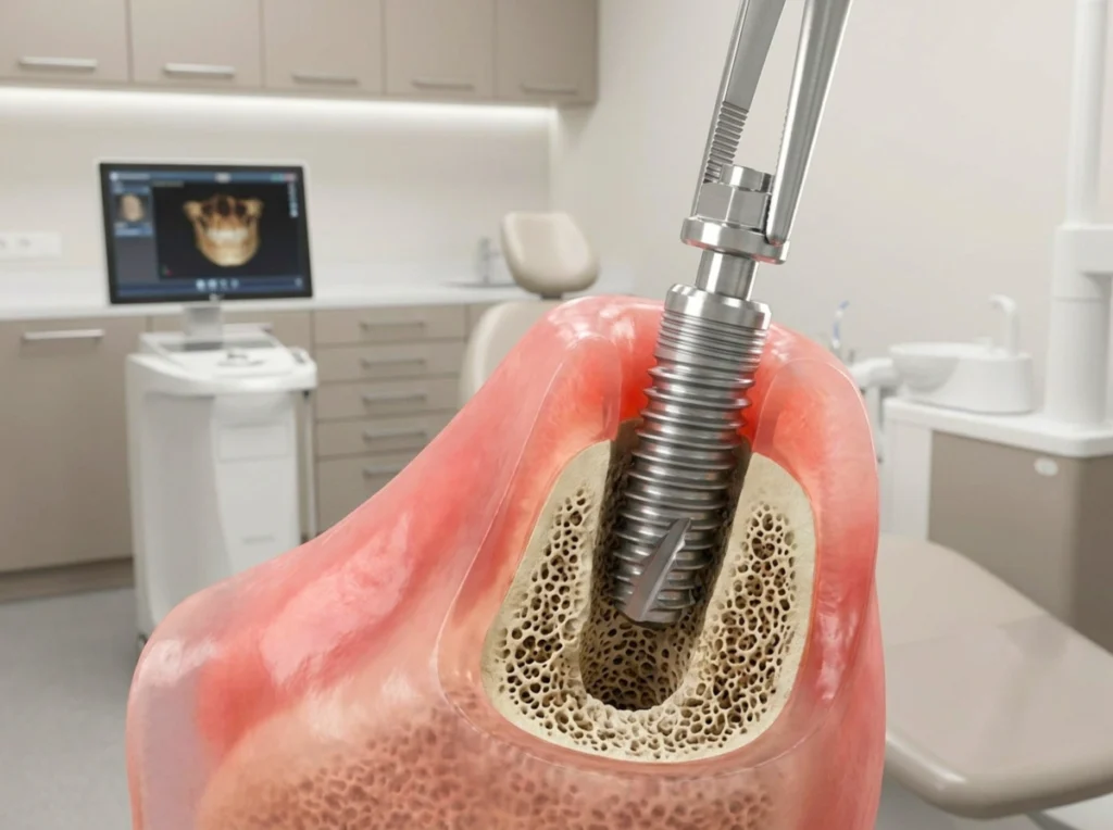 Implant-Placement An anatomical 3D illustration showing a sleek titanium dental implant being precisely placed into the jawbone.