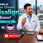 Smiling dentist holding a clear aligner tray showing to the woman patient highlighting adult Invisalign aligner benefits vs braces.