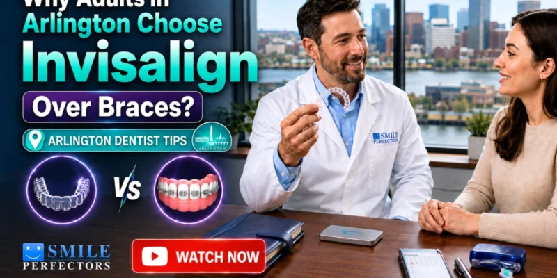 Smiling dentist holding a clear aligner tray showing to the woman patient highlighting adult Invisalign aligner benefits vs braces.