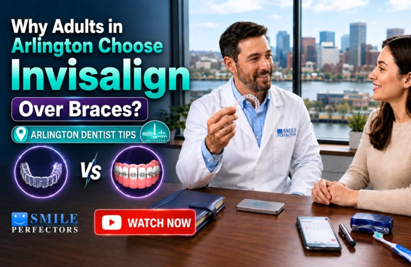 Smiling dentist holding a clear aligner tray showing to the woman patient highlighting adult Invisalign aligner benefits vs braces.