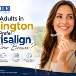 Smiling woman holding a clear aligner tray beside key benefits, highlighting adult Invisalign options.