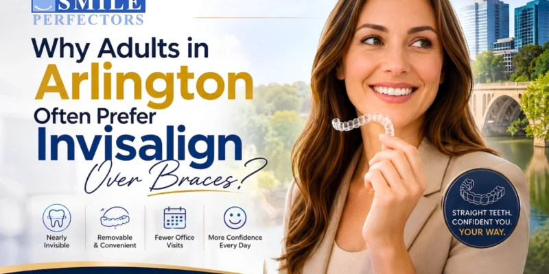 Smiling woman holding a clear aligner tray beside key benefits, highlighting adult Invisalign options.