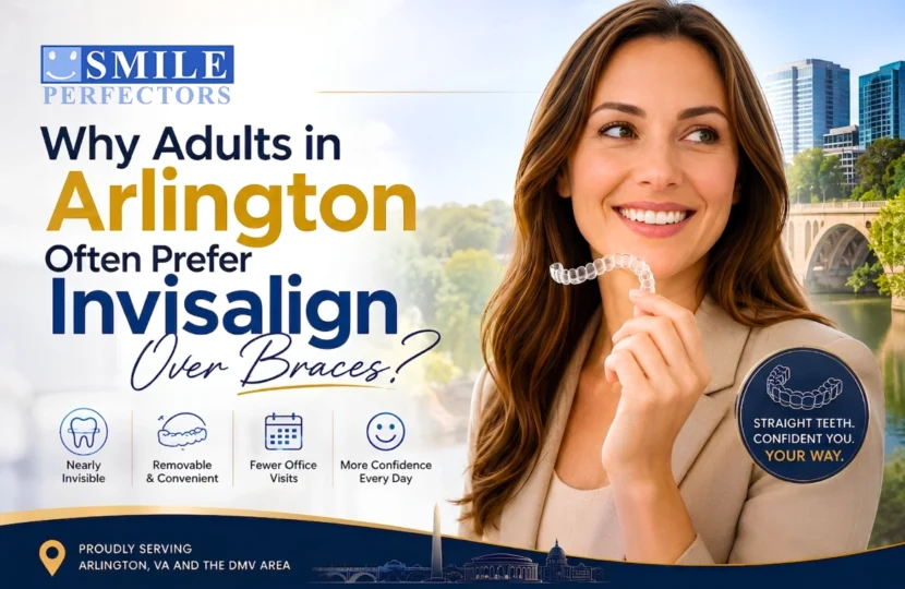 Smiling woman holding a clear aligner tray beside key benefits, highlighting adult Invisalign options.