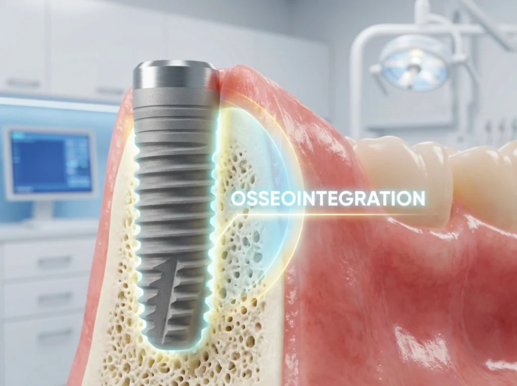 Osseointegration A hyper-realistic cross-section of a titanium dental implant post undergoing osseointegration.