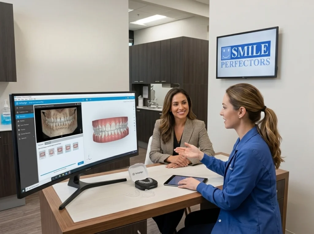 Female dentist demonstrating a 3D digital dental model on a computer monitor to a female patient.