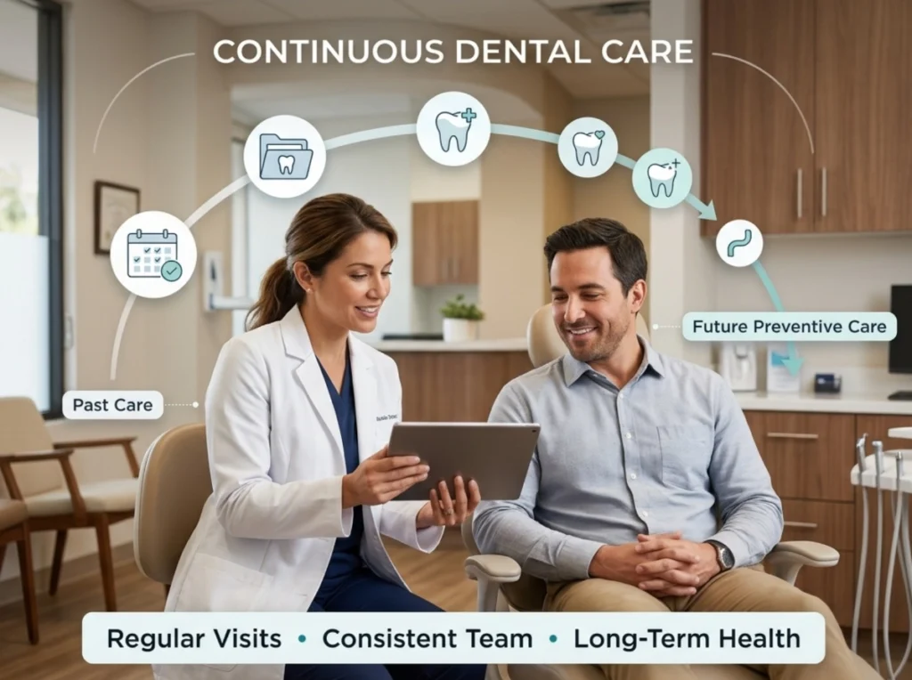 Continuity of Dental Care Dentist showing a digital tablet to a seated male patient during a consultation.