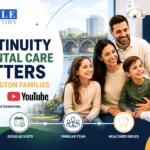 Family speaking with a dentist in a clinic beside promotional dental care text overlays.