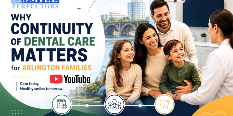Family speaking with a dentist in a clinic beside promotional dental care text overlays.