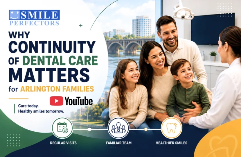 Family speaking with a dentist in a clinic beside promotional dental care text overlays.