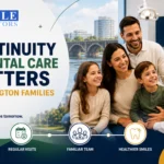 Family speaking with a dentist in a clinic beside promotional dental care text overlays.
