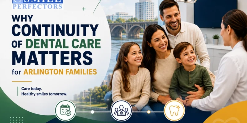 Family speaking with a dentist in a clinic beside promotional dental care text overlays.