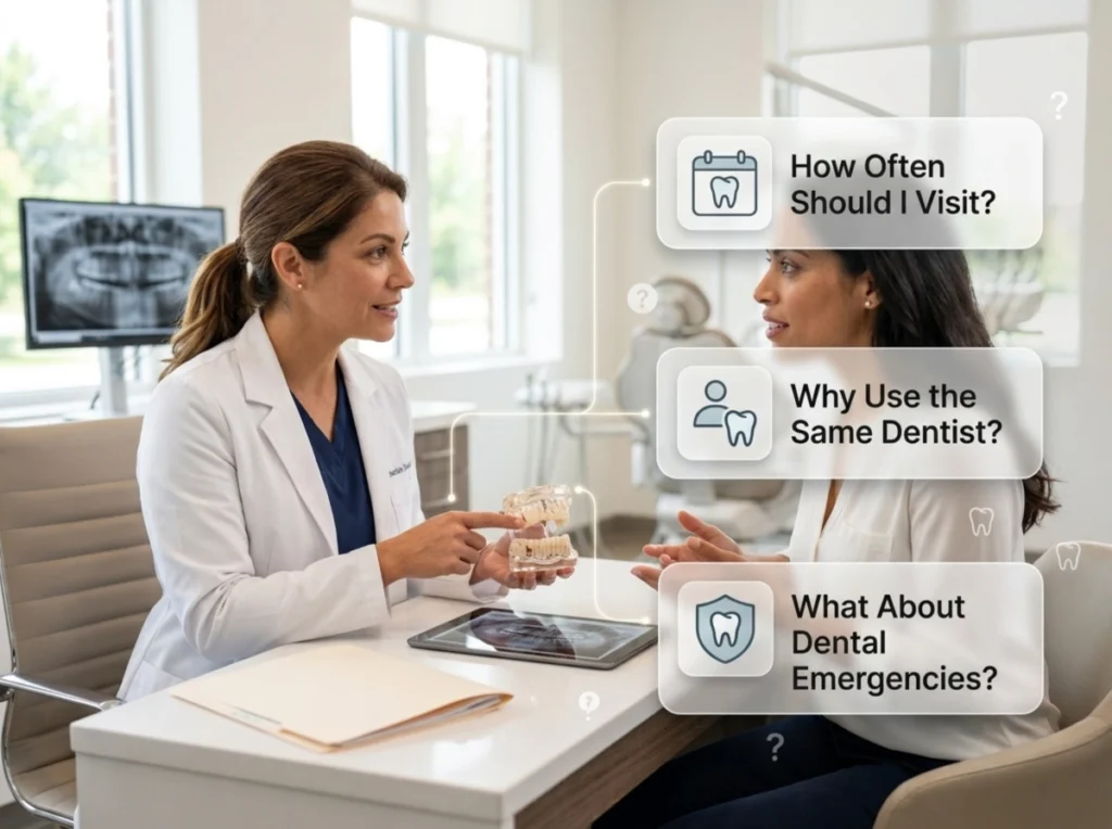 Continuous Dental Care FAQs Female dentist pointing to a jaw model while consulting with a female patient seated opposite.