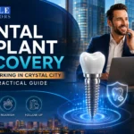 Smiling businessman at a desk with a 3D dental implant model and promotional text.